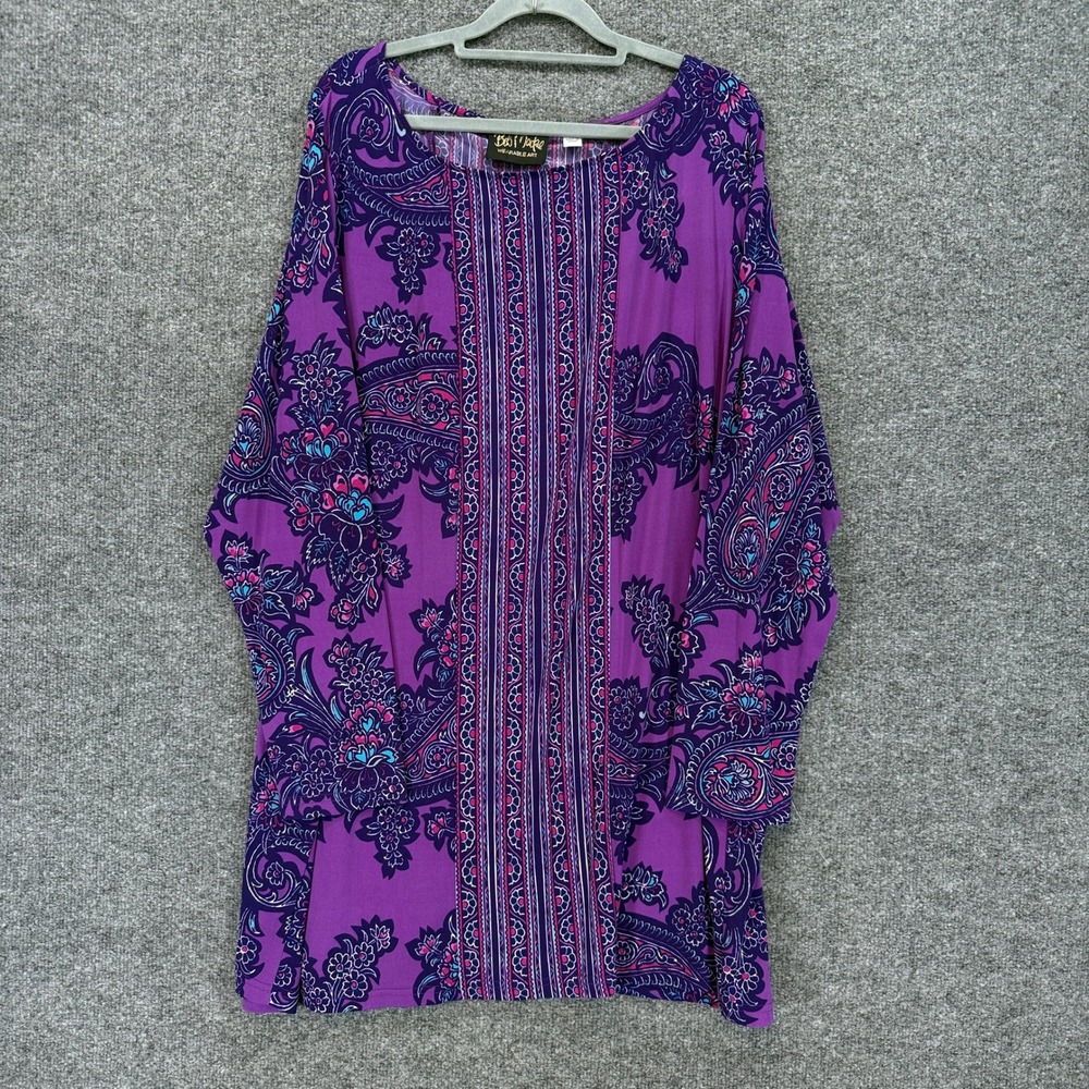 Bob Mackie Tunic Top Womens 2X Purple Paisley Floral Long Sleeve Wearable Art